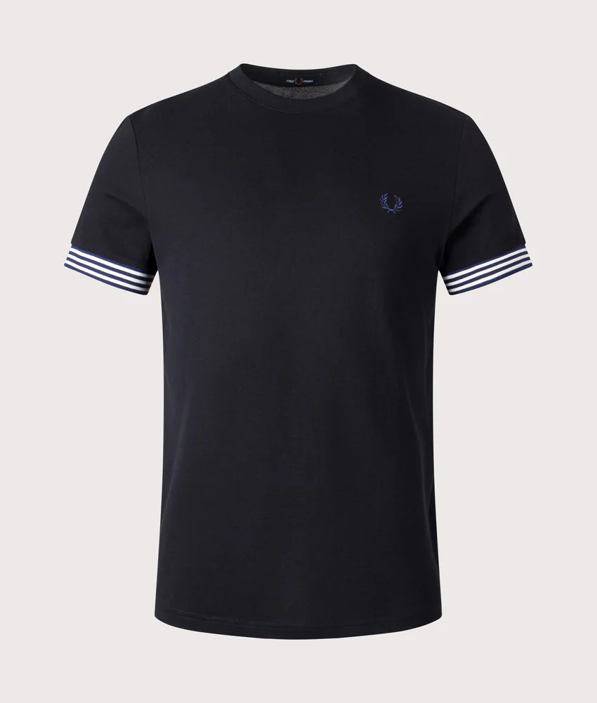 FRED PERRY STRIPED CUFF PIQUE COTTON T-SHIRT BLACK RRP £60 BNWT