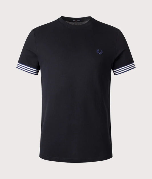 FRED PERRY STRIPED CUFF PIQUE COTTON T-SHIRT BLACK RRP £60 BNWT