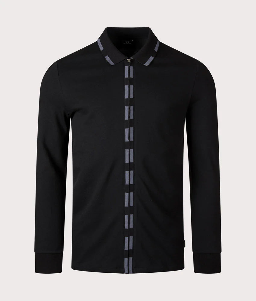 PAUL SMITH PS LONG SLEEVE FULL ZIP COTTON POLO SHIRT BLACK/GREY RRP £115 BNWT