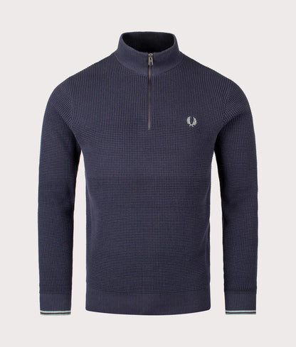 FRED PERRY WAFFLE STITCH QUARTER ZIP JUMPER DARK AIRFORCE BLUE 2XL RRP £130 BNWT