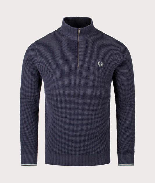 FRED PERRY WAFFLE STITCH QUARTER ZIP JUMPER DARK AIRFORCE BLUE 2XL RRP £130 BNWT