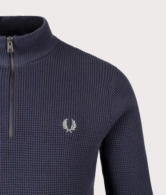 FRED PERRY WAFFLE STITCH QUARTER ZIP JUMPER DARK AIRFORCE BLUE 2XL RRP £130 BNWT
