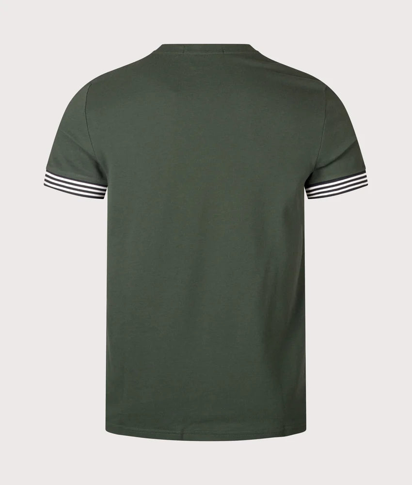 FRED PERRY STRIPED CUFF PIQUE COTTON T-SHIRT COURT GREEN LARGE RRP £60 BNWT