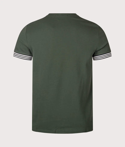 FRED PERRY STRIPED CUFF PIQUE COTTON T-SHIRT COURT GREEN LARGE RRP £60 BNWT