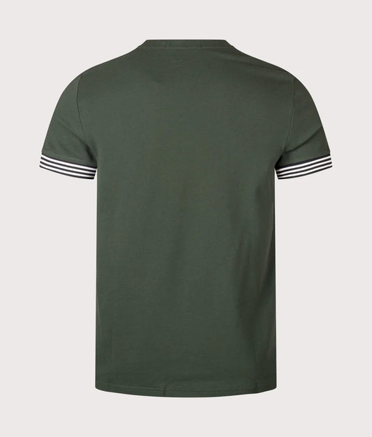 FRED PERRY STRIPED CUFF PIQUE COTTON T-SHIRT COURT GREEN LARGE RRP £60 BNWT