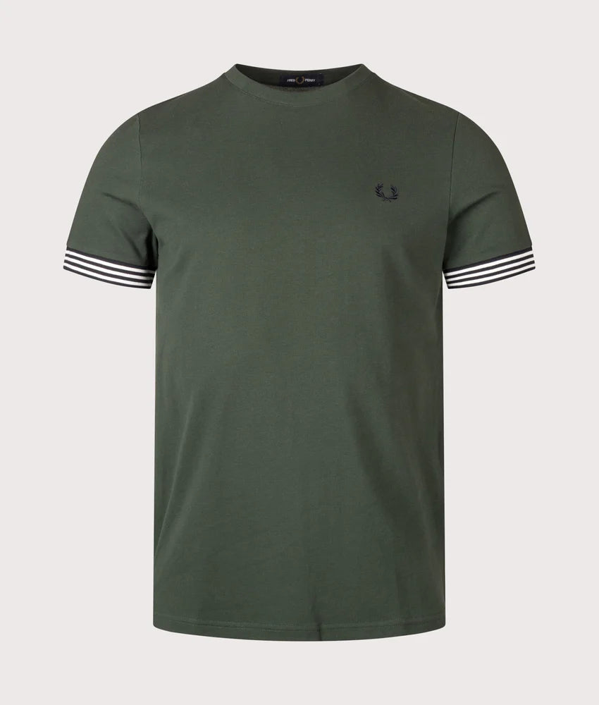 FRED PERRY STRIPED CUFF PIQUE COTTON T-SHIRT COURT GREEN LARGE RRP £60 BNWT