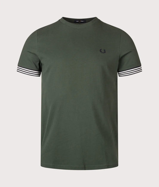FRED PERRY STRIPED CUFF PIQUE COTTON T-SHIRT COURT GREEN LARGE RRP £60 BNWT