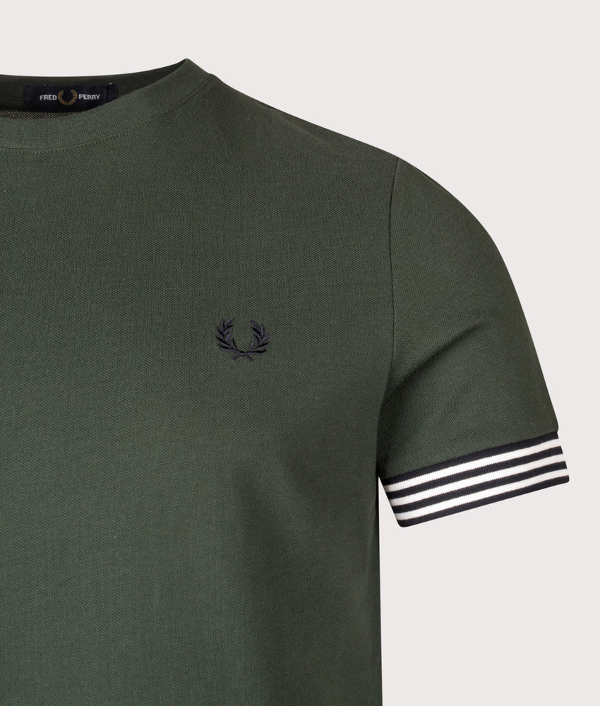 FRED PERRY STRIPED CUFF PIQUE COTTON T-SHIRT COURT GREEN LARGE RRP £60 BNWT