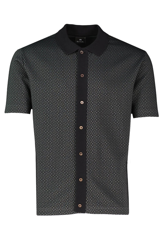 PAUL SMITH FULL BUTTON GEOMETRIC PATTERN POLO SHIRT BLACK/GREY 2XL RRP £125 BNWT