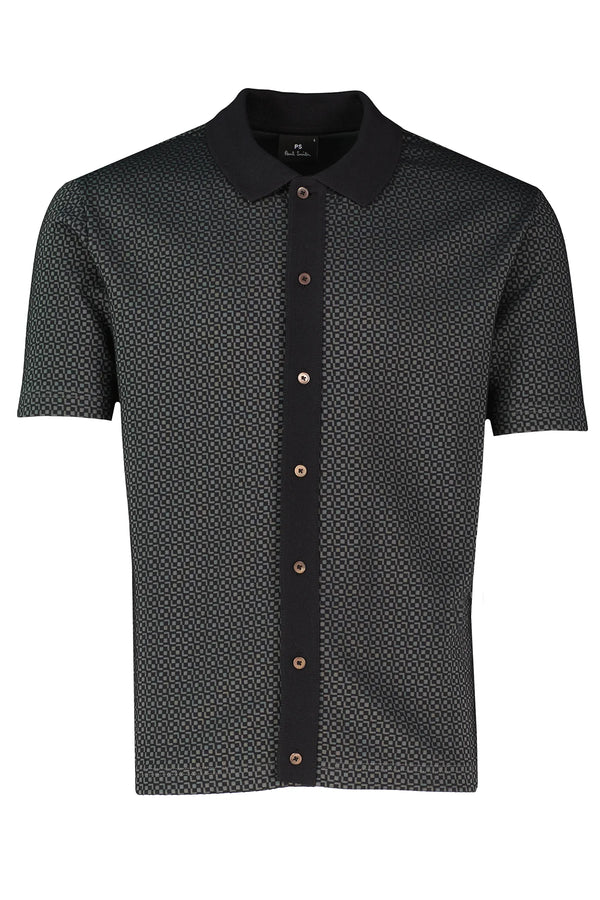 PAUL SMITH FULL BUTTON GEOMETRIC PATTERN POLO SHIRT BLACK/GREY 2XL RRP £125 BNWT