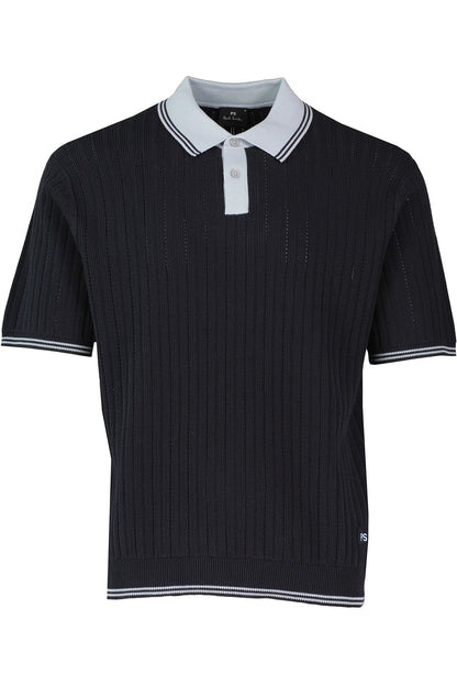 PAUL SMITH KNITTED RIBBED TIPPED POLO SHIRT DARK NAVY BLUE RRP £155 BNWT