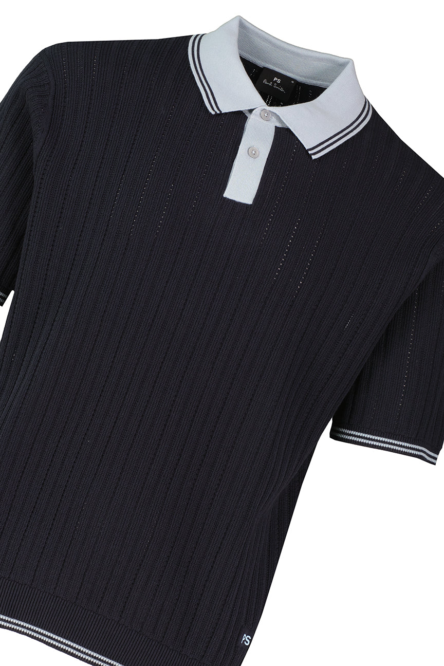 PAUL SMITH KNITTED RIBBED TIPPED POLO SHIRT DARK NAVY BLUE RRP £155 BNWT