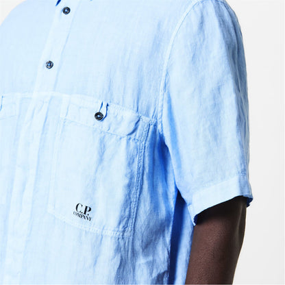 C.P. COMPANY BOXY FIT SHORT SLEEVE COTTON SHIRT CERULEAN BLUE L RRP £235 BNWT
