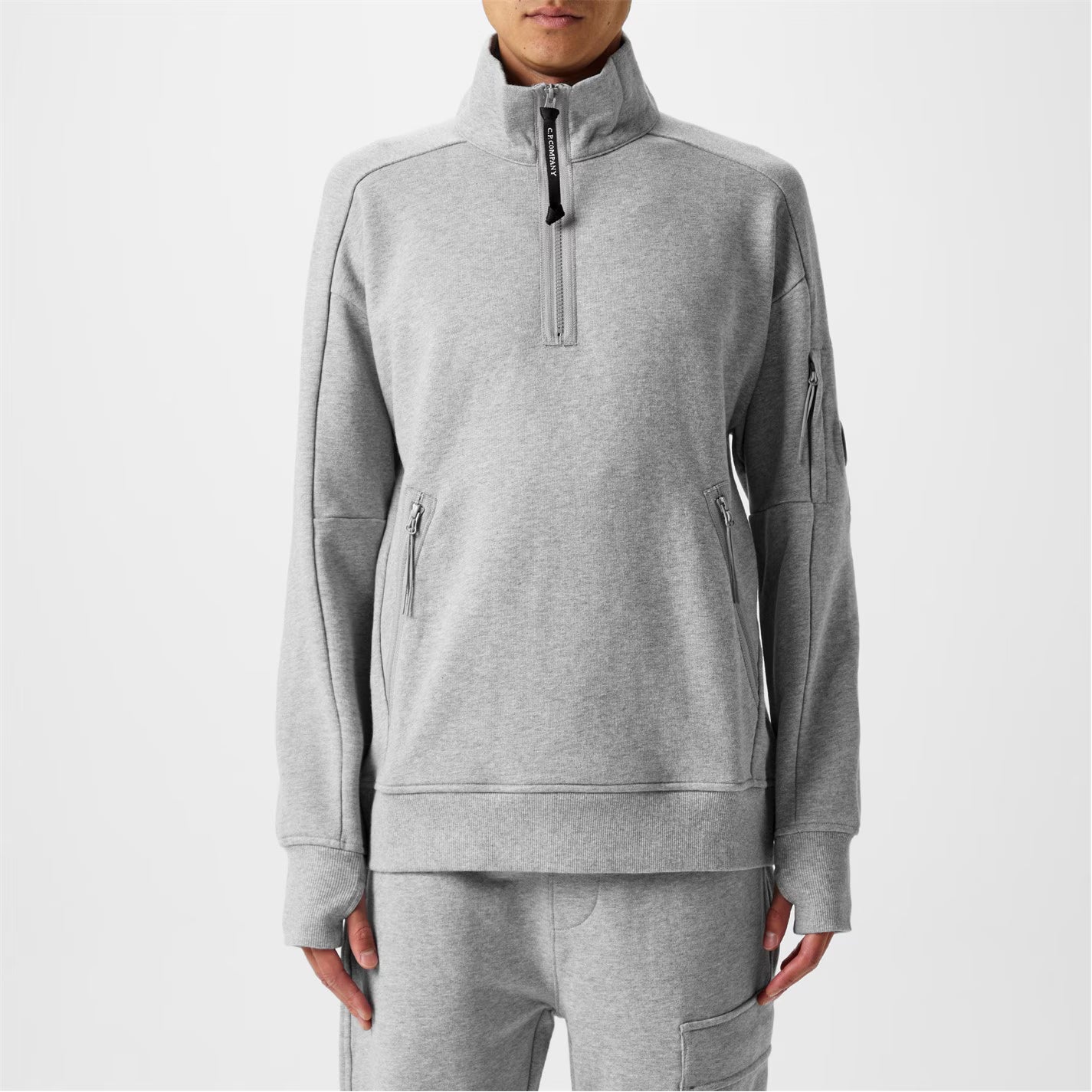 C.P. COMPANY QUARTER ZIP LENS COTTON FLEECE SWEATSHIRT GREY MARL 2XL RRP £285 BNWT