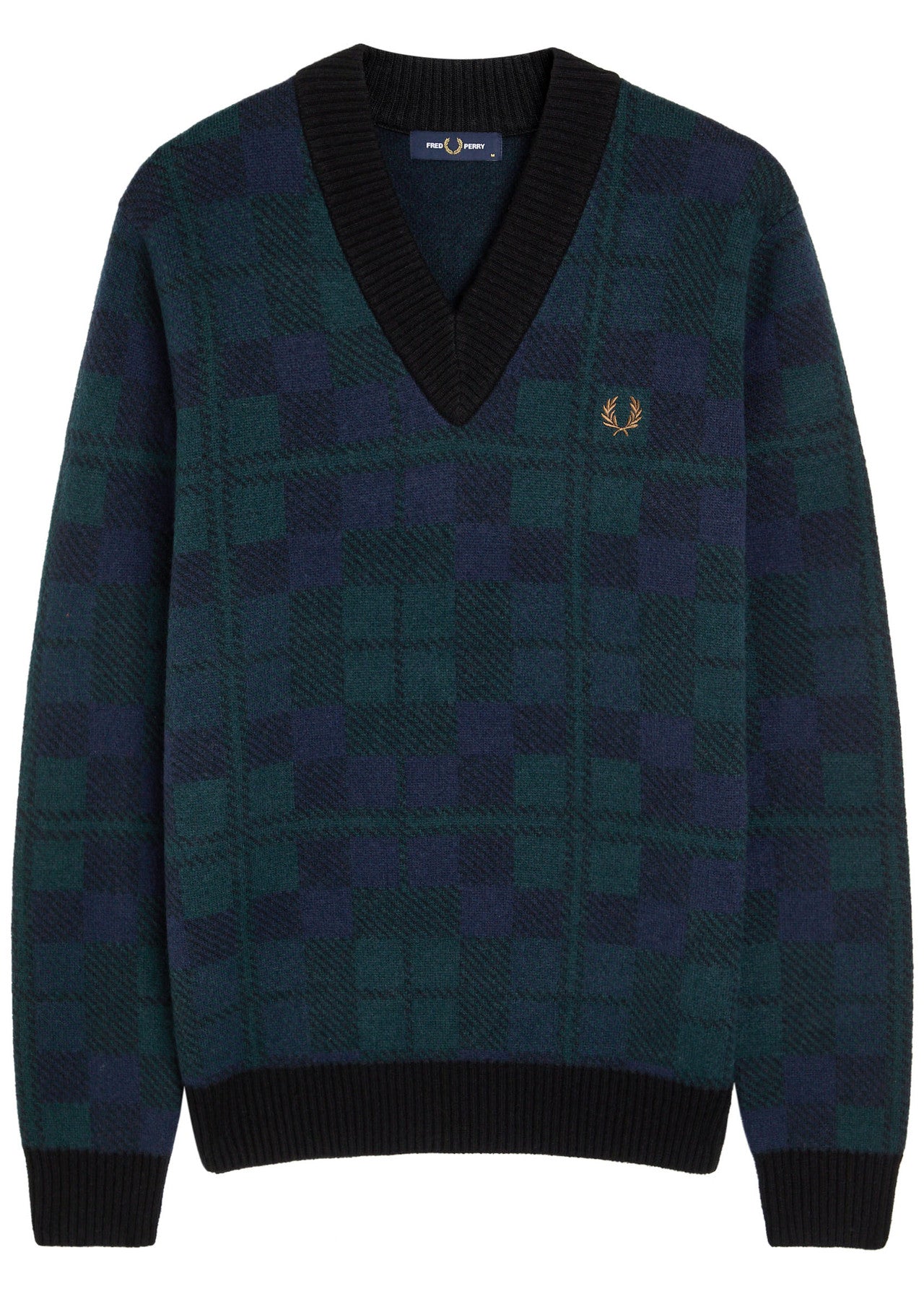 FRED PERRY BLACKWATCH TARTAN V NECK WOOL BLEND JUMPER MEDIUM RRP £150 BNWT
