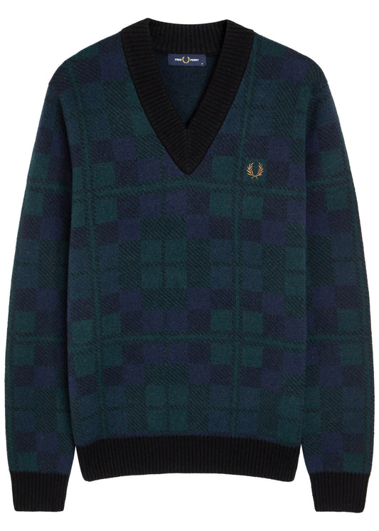 FRED PERRY BLACKWATCH TARTAN V NECK WOOL BLEND JUMPER MEDIUM RRP £150 BNWT