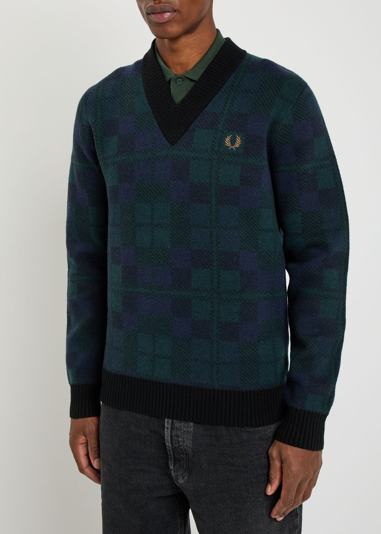 FRED PERRY BLACKWATCH TARTAN V NECK WOOL BLEND JUMPER MEDIUM RRP £150 BNWT