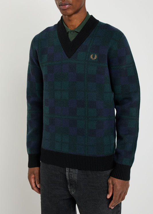 FRED PERRY BLACKWATCH TARTAN V NECK WOOL BLEND JUMPER MEDIUM RRP £150 BNWT