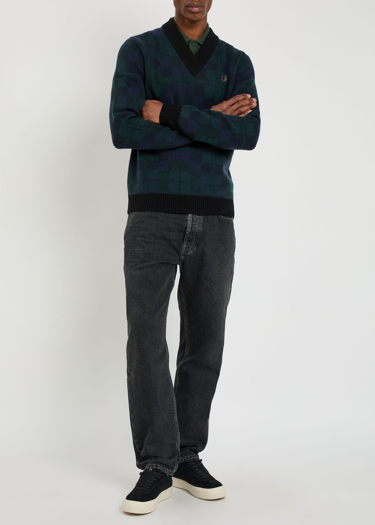 FRED PERRY BLACKWATCH TARTAN V NECK WOOL BLEND JUMPER MEDIUM RRP £150 BNWT