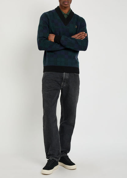 FRED PERRY BLACKWATCH TARTAN V NECK WOOL BLEND JUMPER MEDIUM RRP £150 BNWT