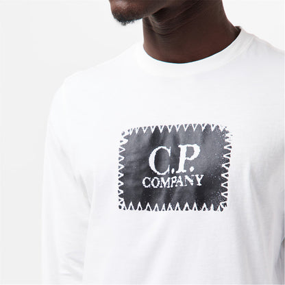 C.P. COMPANY LONG SLEEVE BOX LOGO COTTON T-SHIRT WHITE/BLACK L RRP £120 BNWT