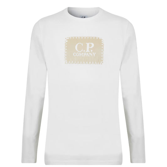 C.P. COMPANY LONG SLEEVE BOX LOGO COTTON T-SHIRT WHITE/BEIGE L RRP £120 BNWT