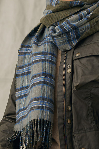 BELSTAFF SIGNATURE CHECK CASHMERE/WOOL BLEND SCARF DARK OLIVE RRP £215 BNWT