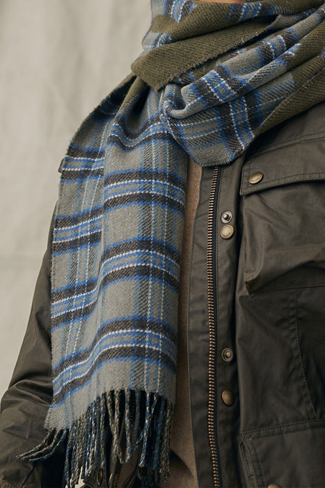 BELSTAFF SIGNATURE CHECK CASHMERE/WOOL BLEND SCARF DARK OLIVE RRP £215 BNWT