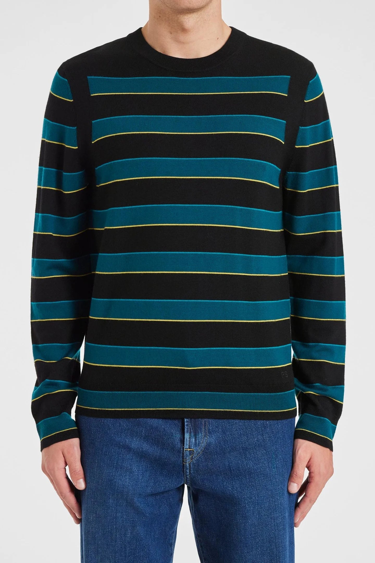 PAUL SMITH MERINO WOOL CREW NECK JUMPER BLACK/BLUE STRIPES XL RRP £209 BNWT