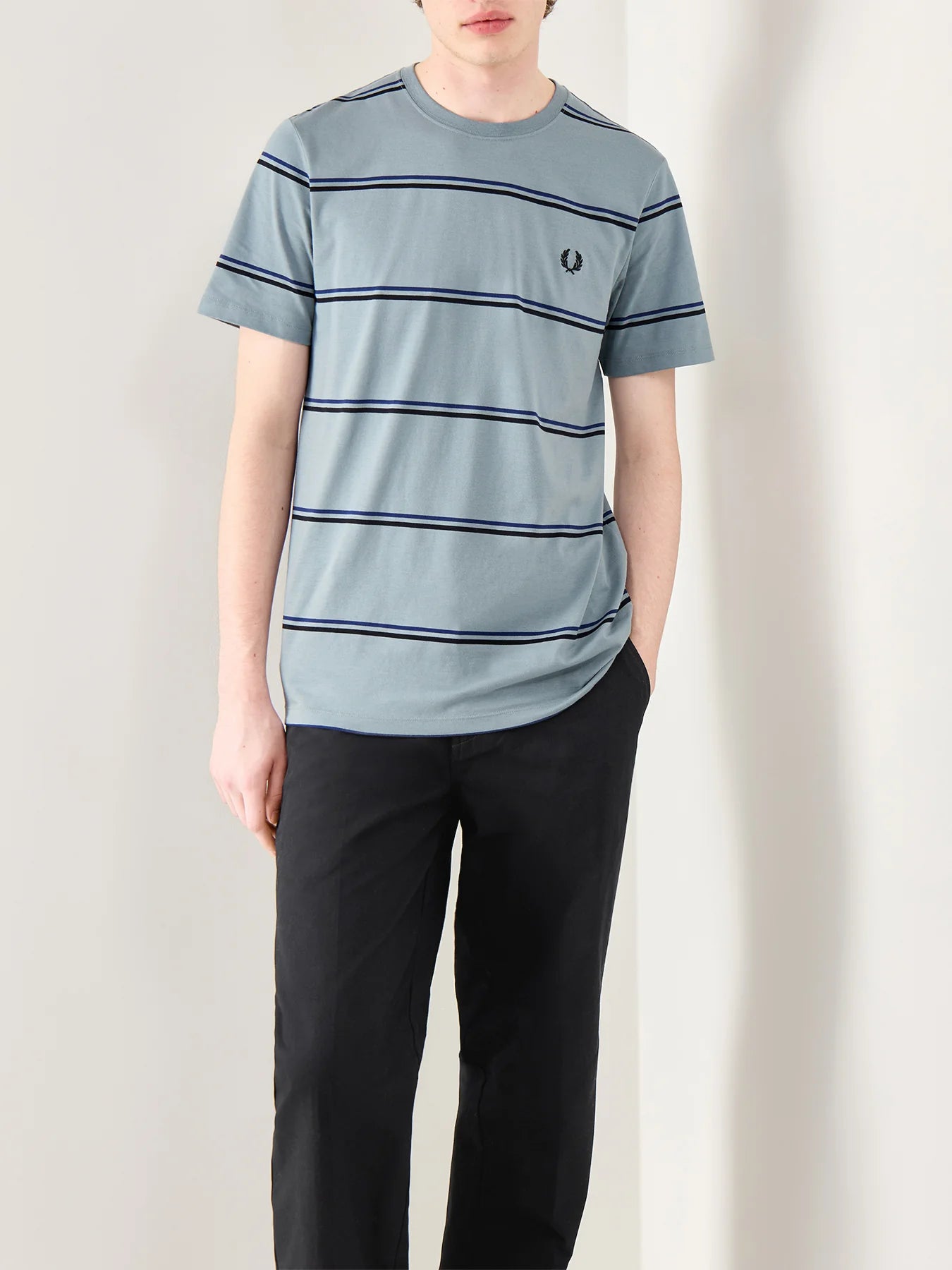 FRED PERRY FINE STRIPE T-SHIRT STOCKPORT BLUE/BLACK/NAVY LARGE RRP £55 BNWT