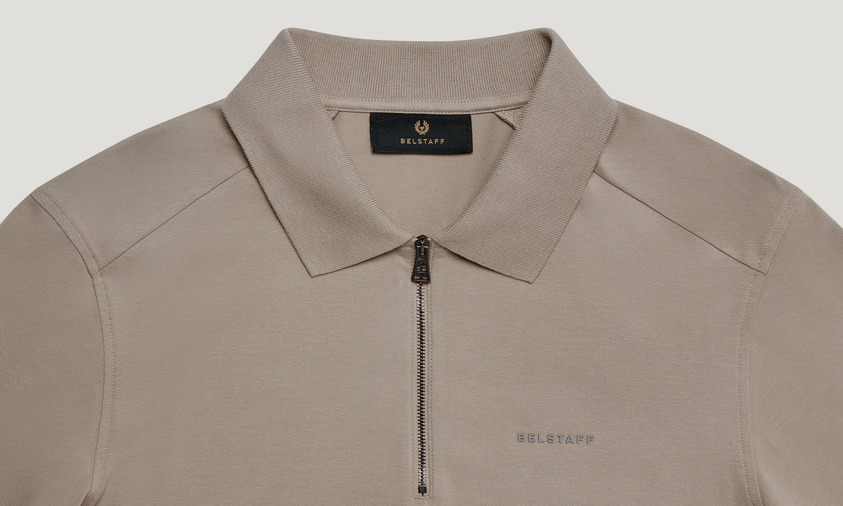 BELSTAFF ALLOY STRETCHY ZIP NECK COTTON POLO SHIRT DARK SAND RRP £110 BNWT