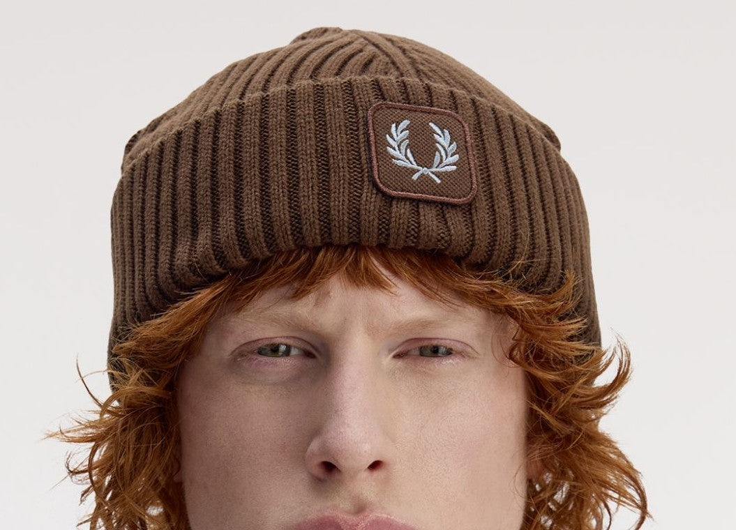 FRED PERRY COMBED COTTON RIBBED BEANIE HAT BURNT TOBACCO BROWN RRP £55 BNWT