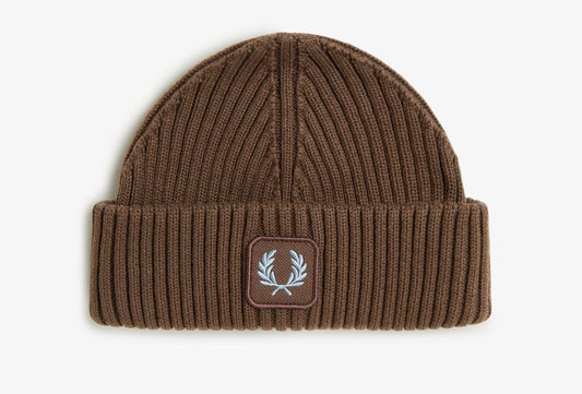 FRED PERRY COMBED COTTON RIBBED BEANIE HAT BURNT TOBACCO BROWN RRP £55 BNWT