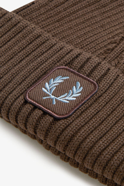 FRED PERRY COMBED COTTON RIBBED BEANIE HAT BURNT TOBACCO BROWN RRP £55 BNWT