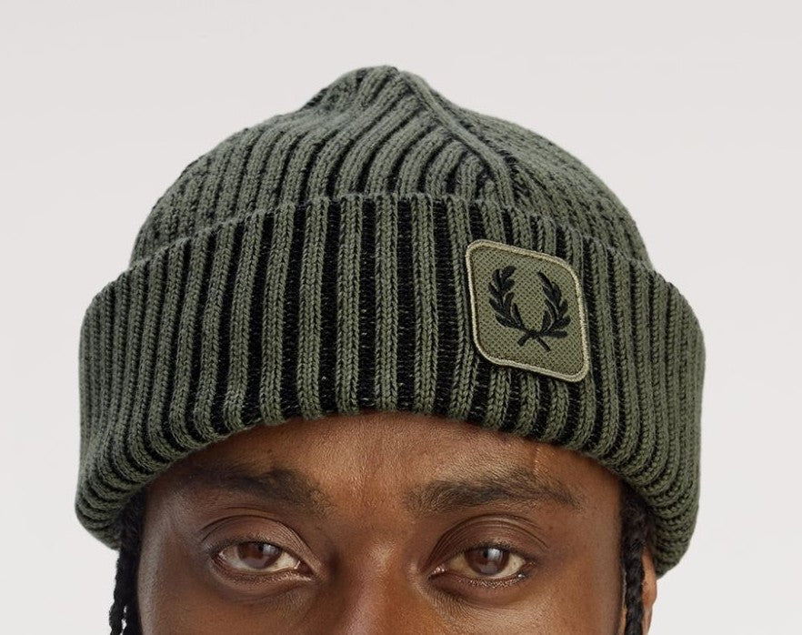 FRED PERRY COMBED COTTON RIBBED BEANIE HAT LAUREL WREATH GREEN RRP £55 BNWT
