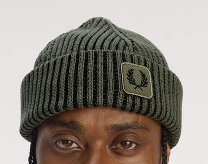 FRED PERRY COMBED COTTON RIBBED BEANIE HAT LAUREL WREATH GREEN RRP £55 BNWT