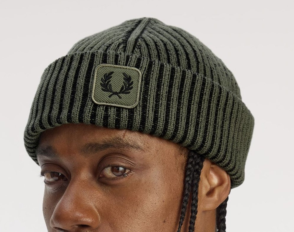 FRED PERRY COMBED COTTON RIBBED BEANIE HAT LAUREL WREATH GREEN RRP £55 BNWT