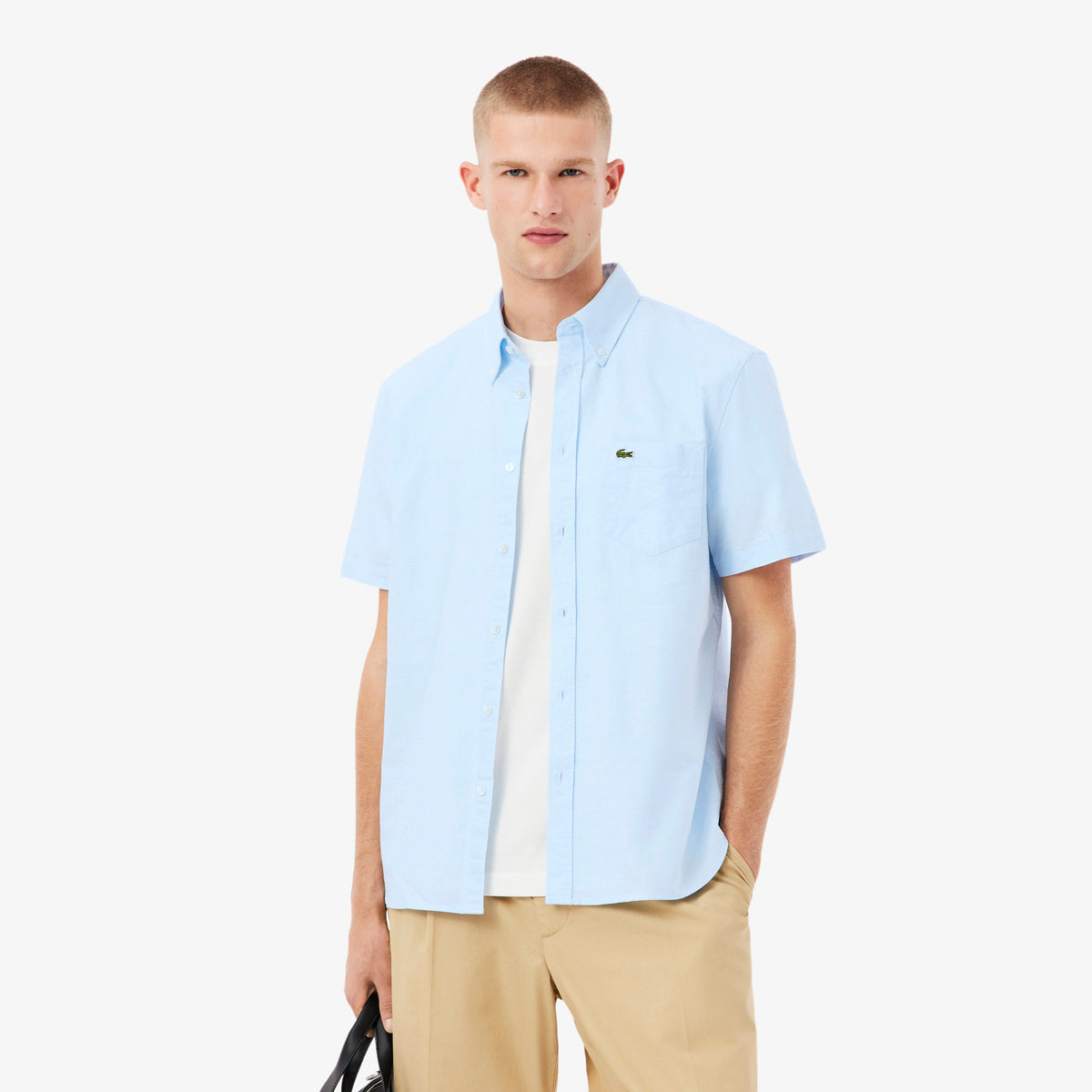 LACOSTE OXFORD CROC LOGO SHORT SLEEVE COTTON SHIRT SKY BLUE L RRP £95 BNWT