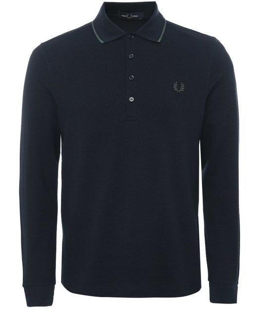 FRED PERRY TEXTURED TIP PIQUE COTTON LONG SLEEVE POLO SHIRT NAVY XL RRP £95 BNWT