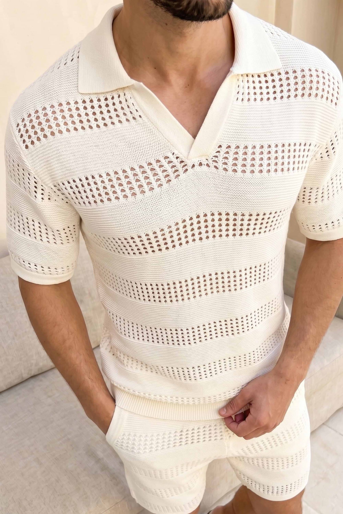 RAITH FRATTINA CROCHET KNIT COTTON POLO SHIRT ECRU 2XL RRP £70 BNWT