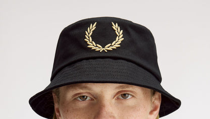 FRED PERRY BOLD EMBROIDERED BUCKET HAT BLACK/CHAMPAGNE RRP £55 BNWT