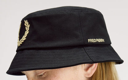 FRED PERRY BOLD EMBROIDERED BUCKET HAT BLACK/CHAMPAGNE RRP £55 BNWT