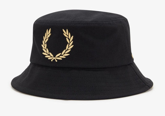 FRED PERRY BOLD EMBROIDERED BUCKET HAT BLACK/CHAMPAGNE RRP £55 BNWT