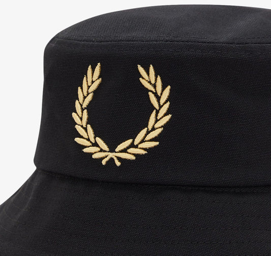 FRED PERRY BOLD EMBROIDERED BUCKET HAT BLACK/CHAMPAGNE RRP £55 BNWT