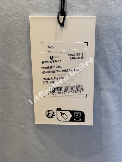 BELSTAFF MONKFORD PHOENIX PATCH SHORT SLEEVE T-SHIRT SKY BLUE 3XL RRP £60 BNWT