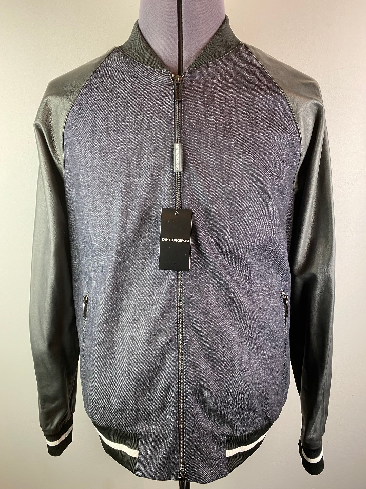 EMPORIO ARMANI BLUE DENIM & LEATHER EAGLE CREST BOMBER JACKET 3XL RRP £495 BNWT