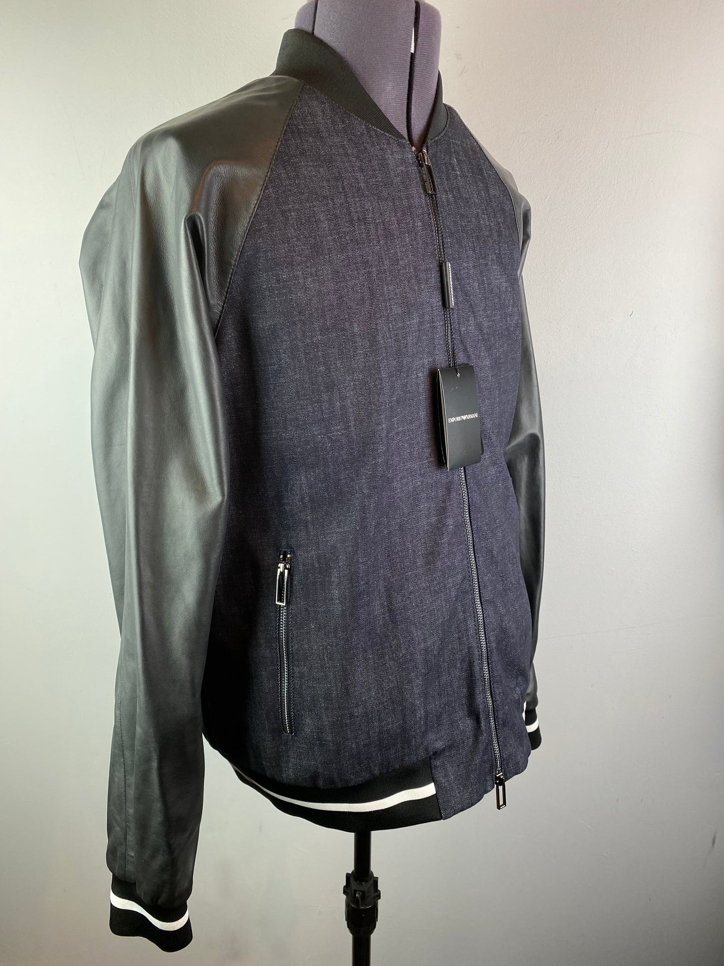 EMPORIO ARMANI BLUE DENIM & LEATHER EAGLE CREST BOMBER JACKET 3XL RRP £495 BNWT