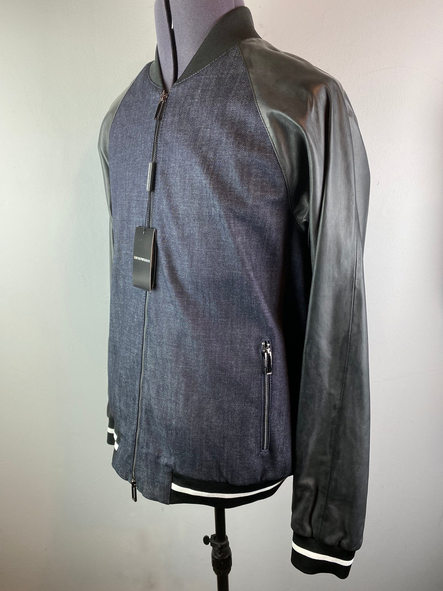 EMPORIO ARMANI BLUE DENIM & LEATHER EAGLE CREST BOMBER JACKET 3XL RRP £495 BNWT