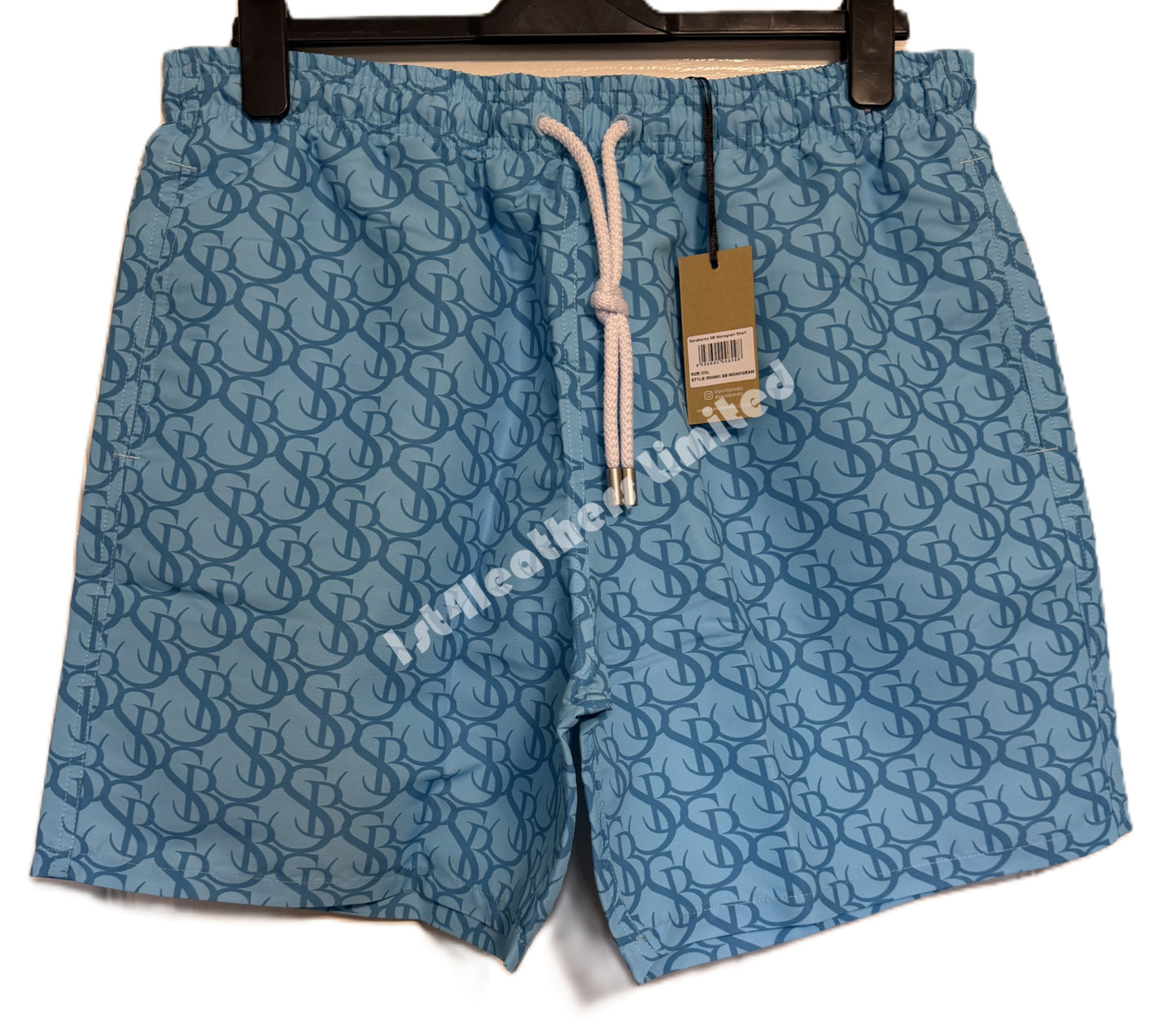SANDBANKS SB MONOGRAM SWIM SHORTS AQUA BLUE RRP £140 BNWT