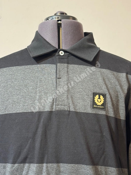 BELSTAFF DRUM PIQUE COTTON LONG SLEEVE POLO SHIRT BLACK/CHARCOAL L RRP £175 BNWT